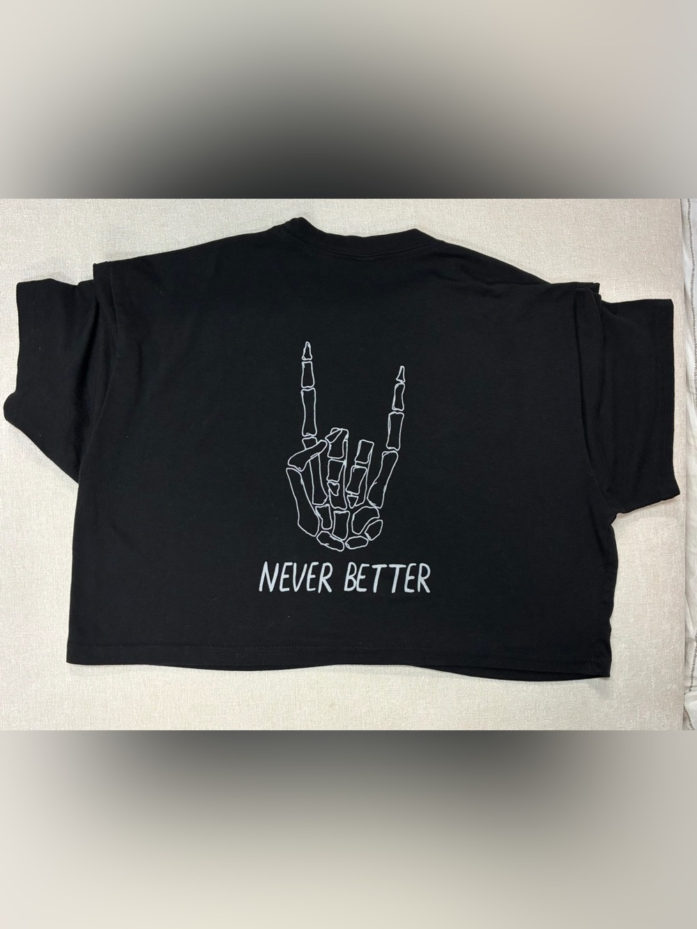 CHICYEA Never Better Skeleton Hand Crop Top | Women’s Medium | Black Graphic Tee